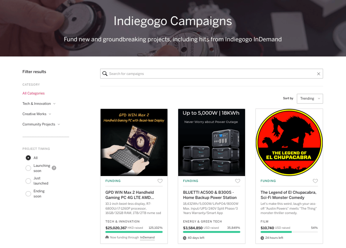 眾籌平台：Kickstarter、Indiegogo、Patreon、GoFundMe、FringeBacker、Umadx、Zec Zec、Creato。Indiegogo分左兩種眾籌形式，分別係「固定資金」同「靈活資金」。Indiegogo的「固定資金」就係類似Kickstarter的「All or Nothing」模式。眾籌平台節省物流成本。